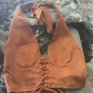 SHEIN Brown Velvet Halter Crop Top